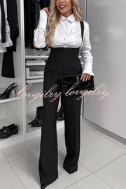 Modern Charm Zipper High Rise Button Cross Straps Pocket Wide Leg Pants