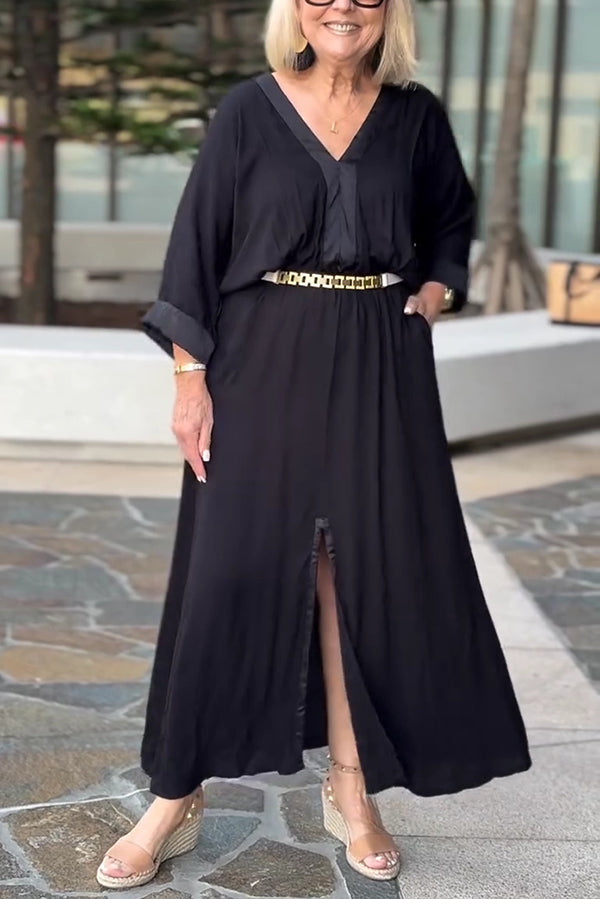 Solid Color V-Neck Casual Loose Pocket Slit Maxi Dress