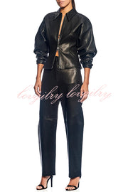Pop of Brown Faux Leather Double Zipper Detail Balloon Sleeve Lapel Jacket