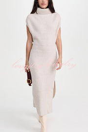Solid Color Sleeveless Knitted Elegant Waist Midi Dress