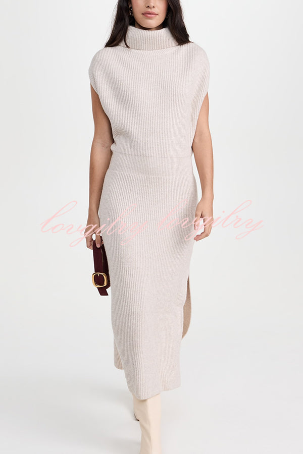 Solid Color Sleeveless Knitted Elegant Waist Midi Dress