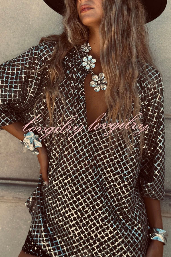 All about Glam Collar Sequin V-neck Half Sleeve Loose Top