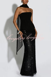 Oakley Corset Strapless Top and Sequin High Rise Maxi Skirt Scarf Set