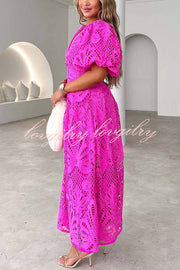 Solid Color V-neck Waist Slim Fit Hollow Lace Maxi Dress