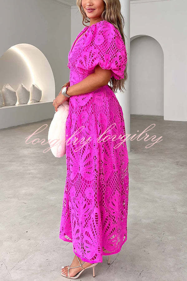 Solid Color V-neck Waist Slim Fit Hollow Lace Maxi Dress