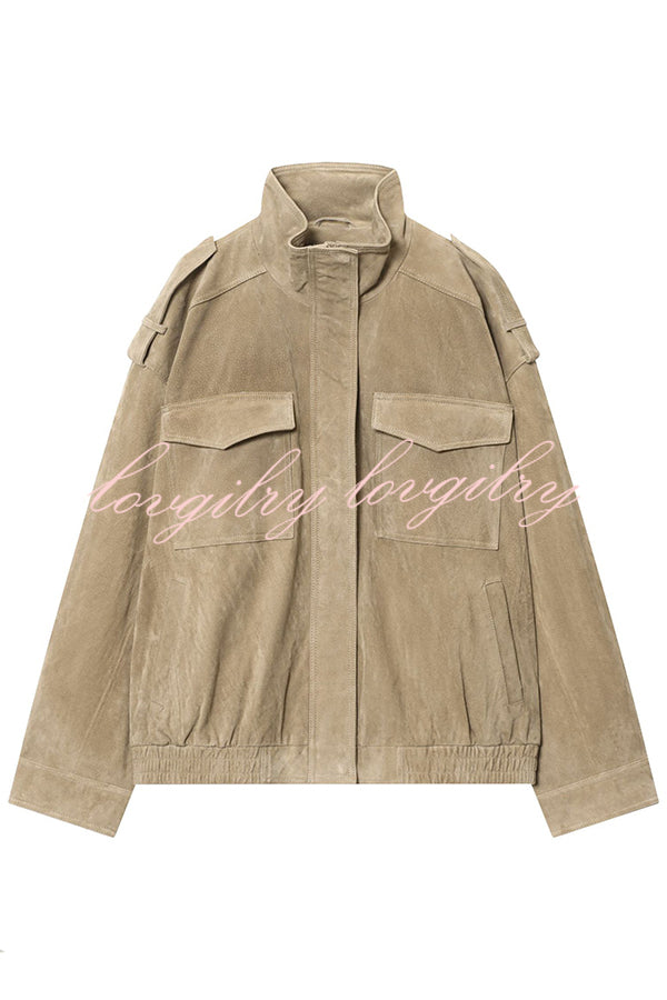 Fashionable Suede Loose Pocket Leather Jacket
