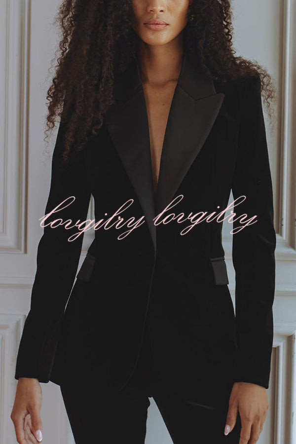 Delicate Daze Velvet Satin Lapel Button Up Long Sleeve Tapered Waist Blazer
