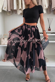 Colorblock Print Elastic Waist Relaxed Tulle Maxi Skirt