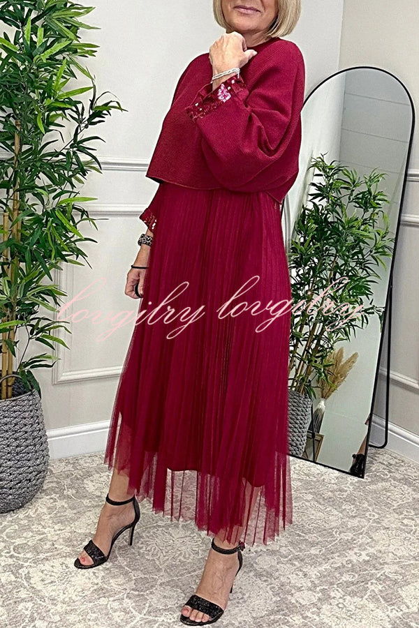 Fenna Ribbed Sequin Trim Batwing Sleeve Sweater and Pleated Tulle Stretch Tank Midi Dress Two-piece Set