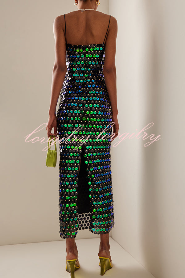 Sexy Sequined Halter-neck Backless Slim Fit Slit Midi Dress