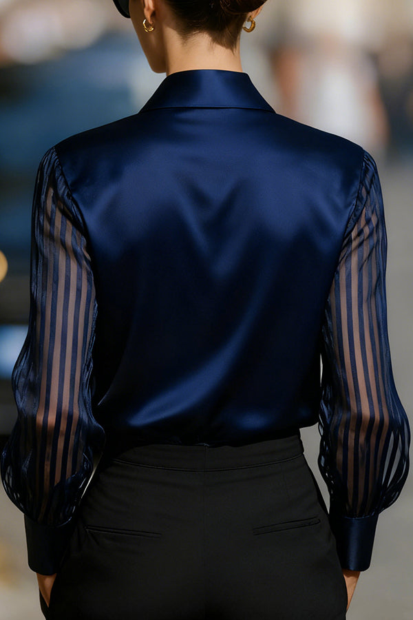 Solid Color Satin Loose-fitting See-through Long-sleeved Casual Shirt