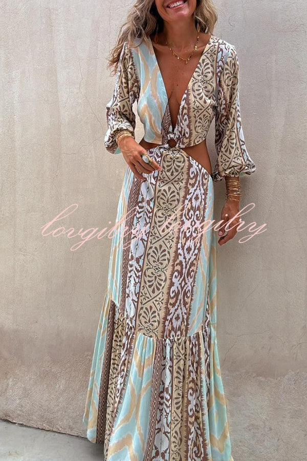 Sefora Unique Color Block Print Long Sleeve Ring Cutout Back Tie-up Maxi Dress