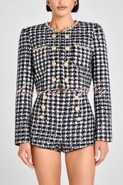Alex Check Bouclé-tweed Fabric Gold Button High Rise Shorts