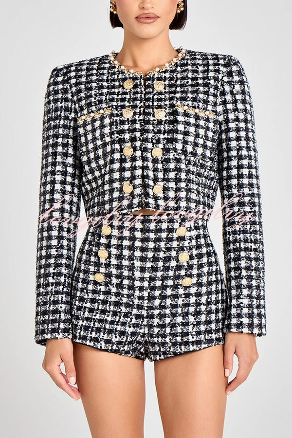 Alex Check Bouclé-tweed Fabric Gold Button High Rise Shorts