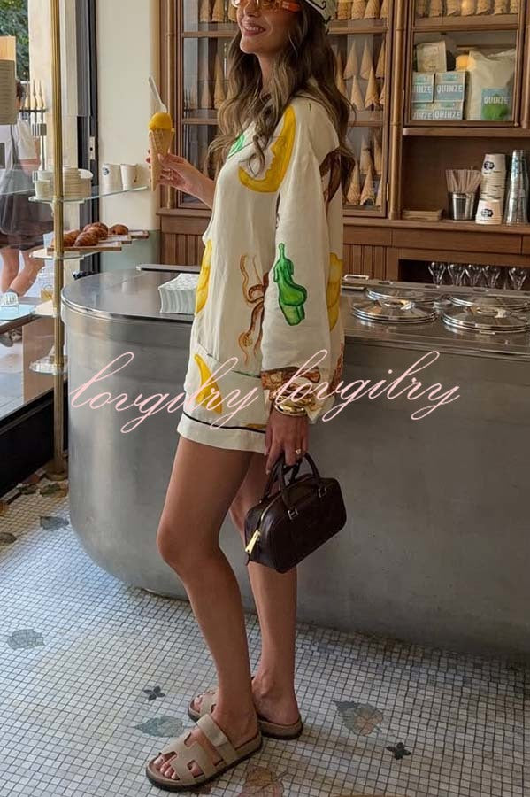 Fun Resort Linen Blend Unique Print Long Sleeve Shirt and Elastic Waist Pocket Shorts Set