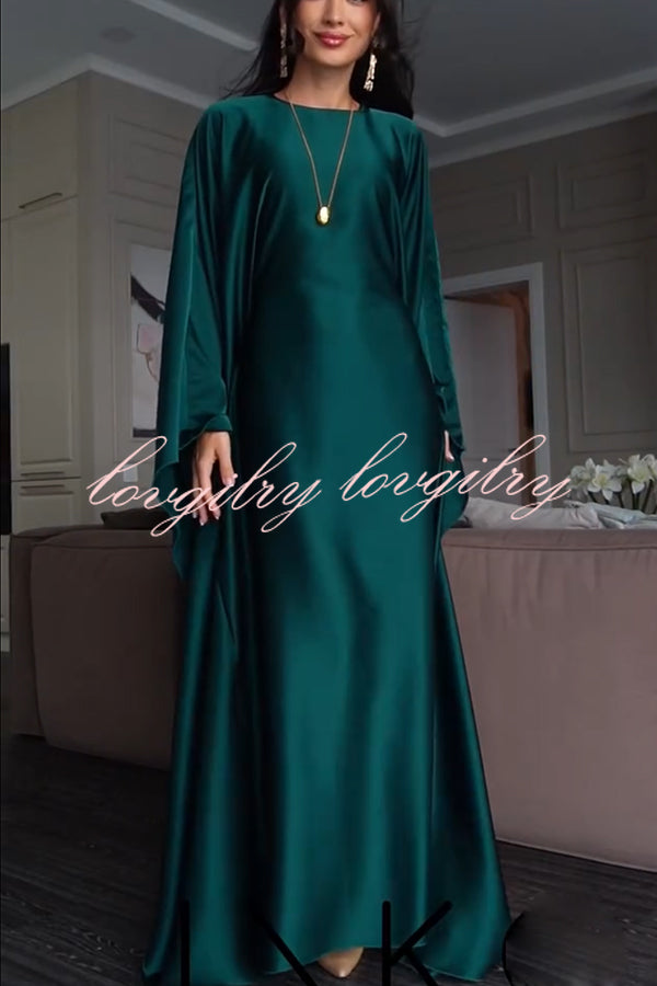 Dignified and Elegant Satin Batwing Sleeve with Waist Tie Design A-line Maxi Dress