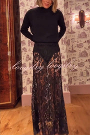 Make An Entrance Floral Stretch Lace Mid Rise Flare Maxi Skirt