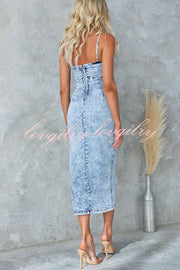 Felicia Washed Denim Princess Seams Cutout Waist Back Zipper Stretch Midi Dress