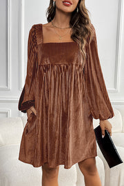 Solid Color Velvet Square Neck Long Sleeve Pocket Casual Mini Dress