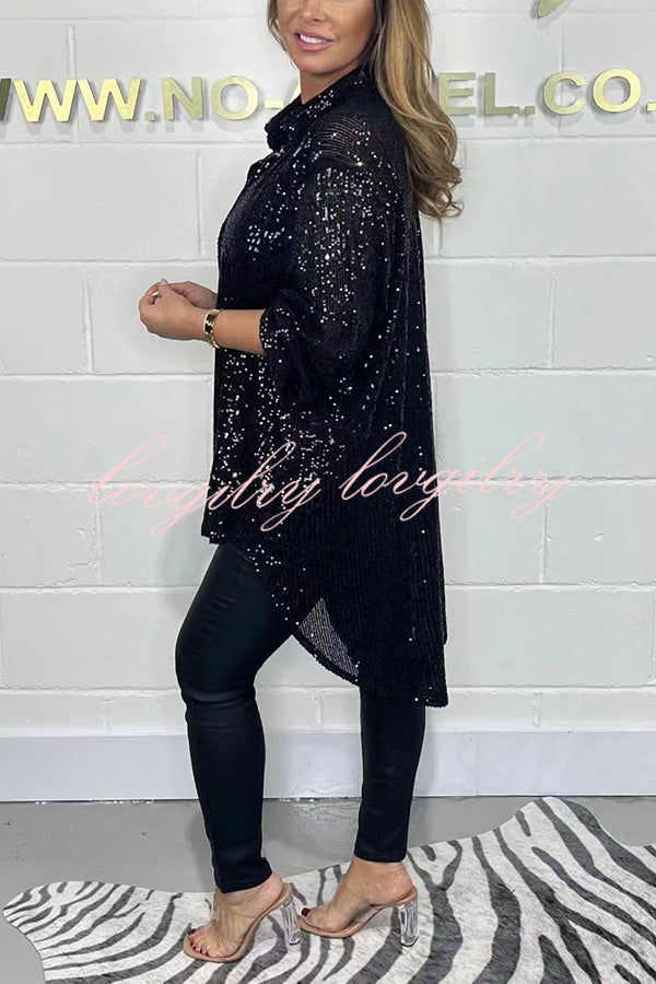 Party Season Solid Color Sequin Button Long Sleeve High Low Shirt