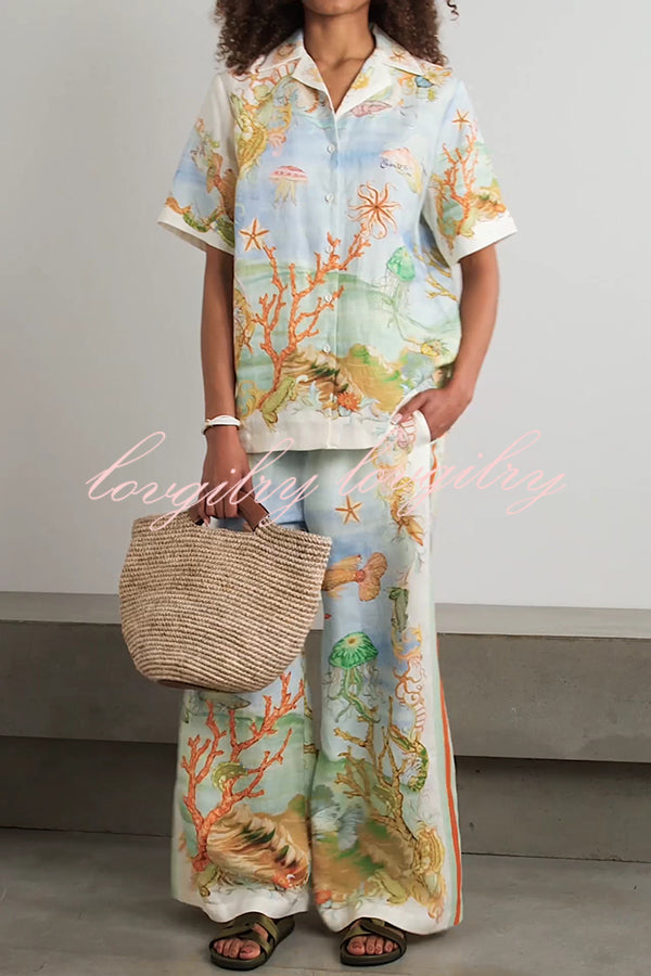 Unique Printed Lapel Short Sleeve Loose Shirt and Elastic Waist Casual Pocket Vacation Pants Set