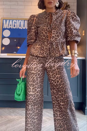 Kiana Leopard Print Peplum Tie Puff Sleeve Shirt and Elastic Waist Pocketed Loose Pants Set