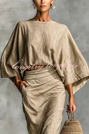 Linen Blend Batwing Sleeve Loose Top and Casual Pocket Maxi Skirt Set