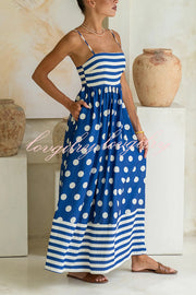 Striped Polka-dot Print Sling Pleated Open-back Maxi Dress