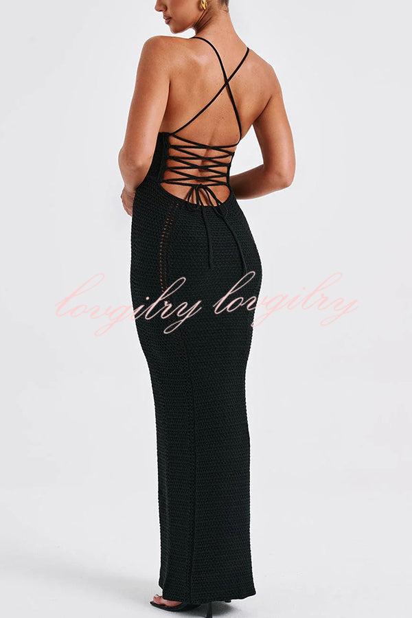 Warm Weather Favorite Knit Crochet Back Lace-up Stretch Maxi Dress