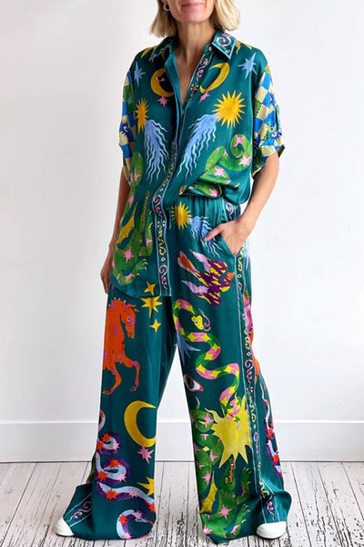 Pierson Linen Blend Unique Print Elastic Waist Pocketed Wide Leg Pants