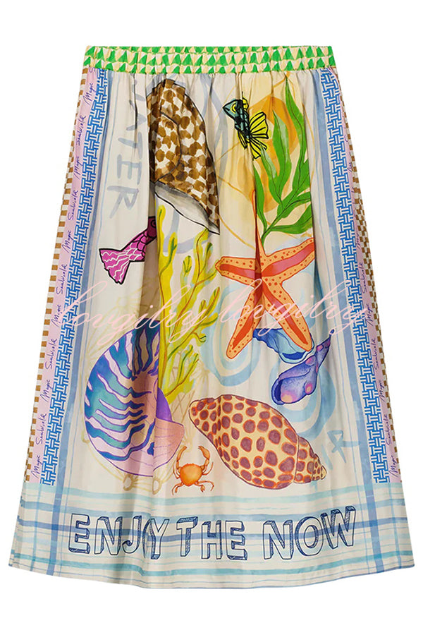 Dreamy Ocean Satin Unique Print Elastic Waist Pocket Vacation Midi Skirt