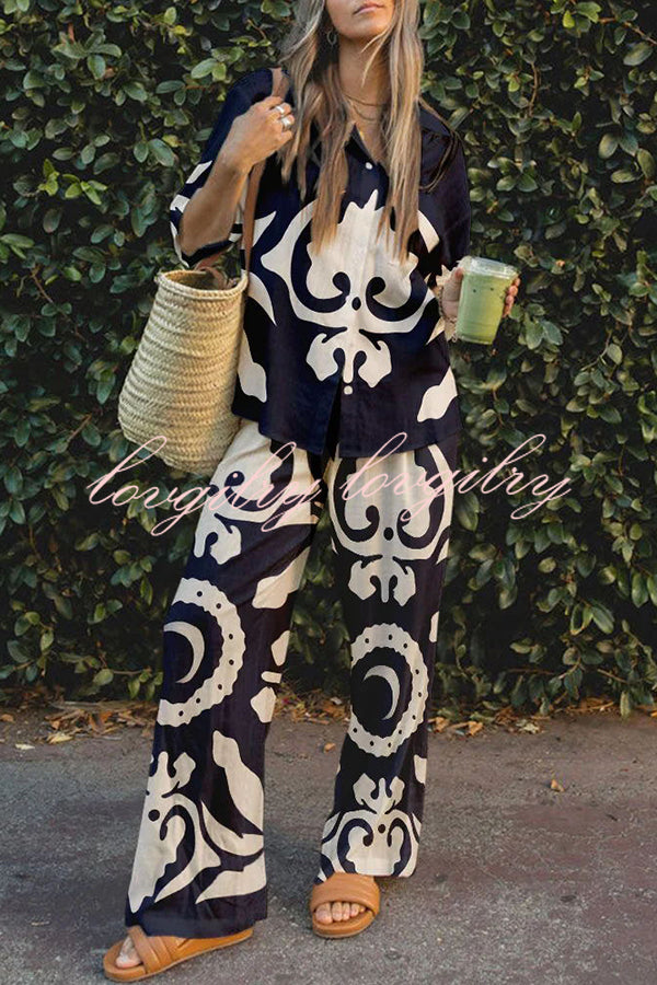 Abstract World Print Button Elastic Waist Pants Set