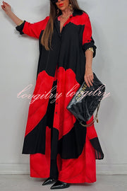 Unique Printed Casual Loose Long Shirt and Elastic Waist Pocket Wide Leg Pants Set