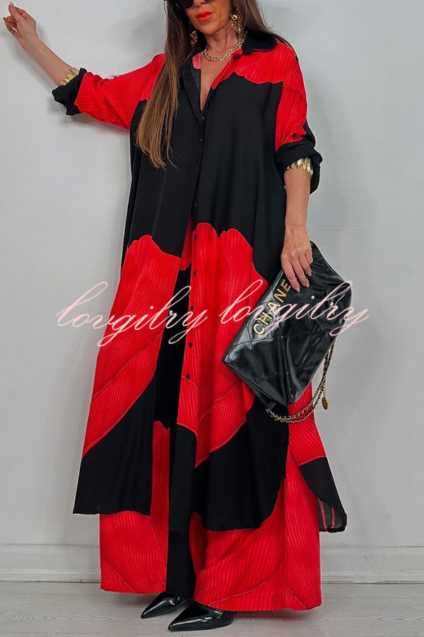 Unique Printed Casual Loose Long Shirt and Elastic Waist Pocket Wide Leg Pants Set