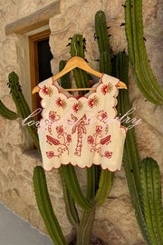 Sunny Day Linen Blend Contrast Embroidered Print Scallop Trim Lace-up Top