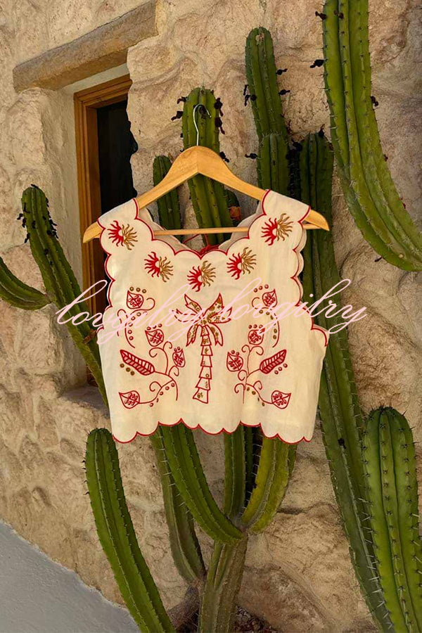 Sunny Day Linen Blend Contrast Embroidered Print Scallop Trim Lace-up Top