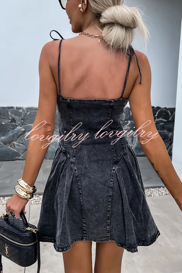 Sweet and Unique Washed Denim Center Front Zipper Stretch Mini Dress