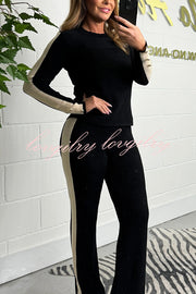 Fashionable Color Block Gold Button Long Sleeve Top and Elastic Waist Loose Pants Set