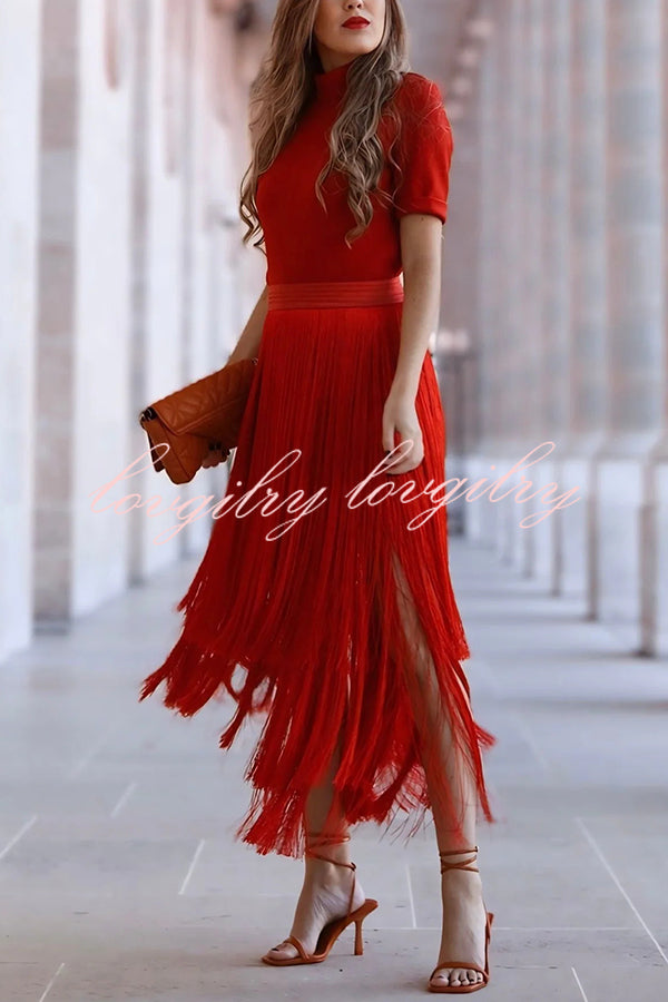 Elegant Tassel Hem Elastic Waist Casual Maxi Skirt