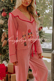 Nutcracker Charm Embroidered Gingham Loose Shirt and Elastic Waist Pajama Set