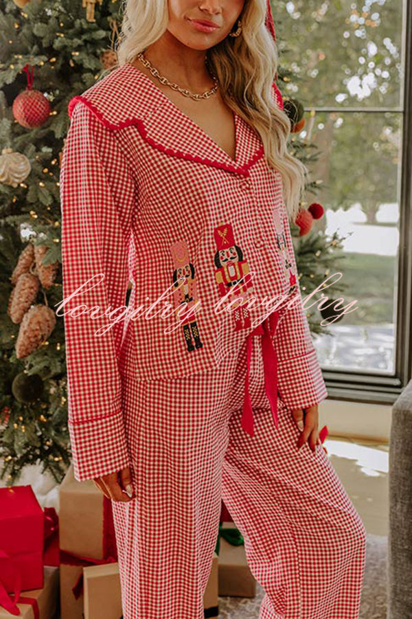 Nutcracker Charm Embroidered Gingham Loose Shirt and Elastic Waist Pajama Set