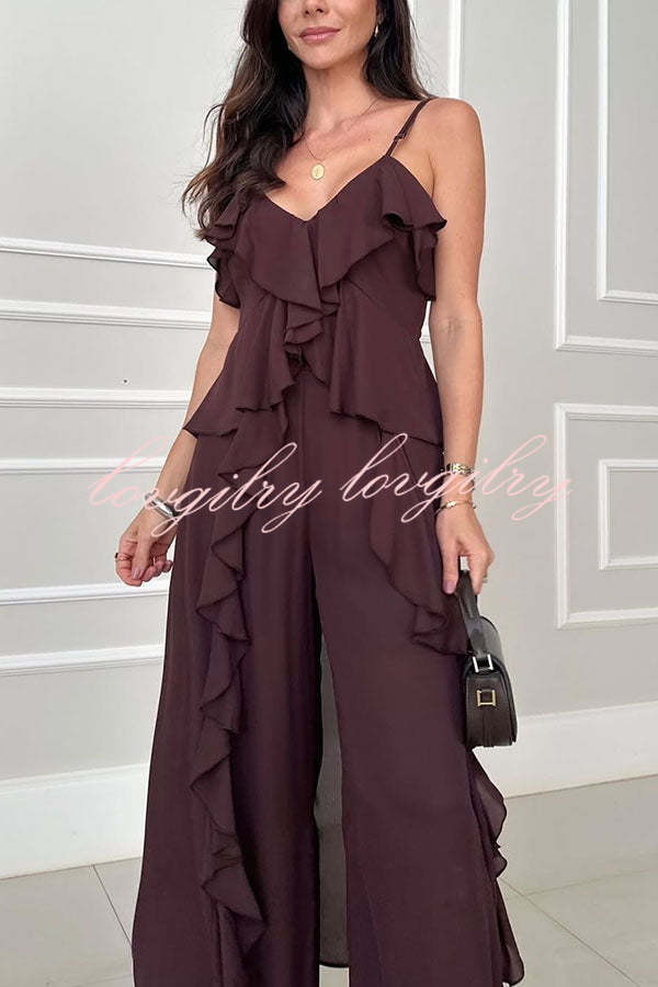 Agnes Chiffon Ruffle Front Slit Midi Slip Top and Elastic Waist Pocket Loose Pants Set