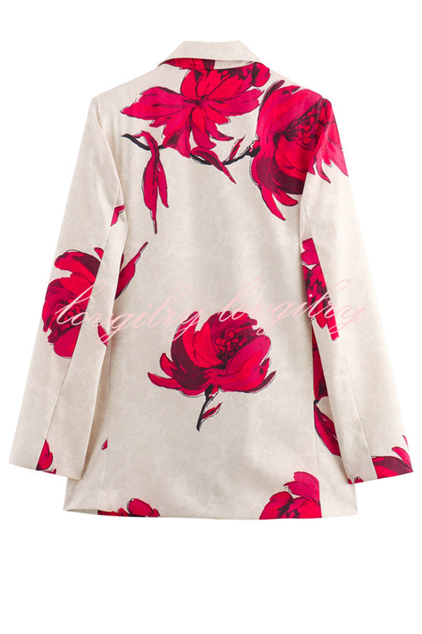 Special Attendance Satin Floral Print Long Sleeve Lapel Loose Blazer