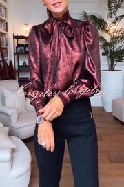 Ariella Metallic Satin Fabric Tie-up Bow Neck Long Sleeve Blouse