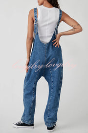 Pocket V Neck Suspender Denim Jumpsuit