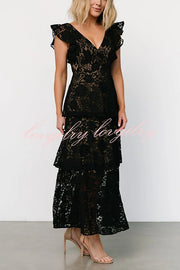 Lace V-neck Ruffled Sleeves Cinched Waist Maxi Dress