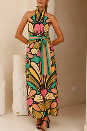 Unique Print Halter Neck Tie Backless Holiday Maxi Dress