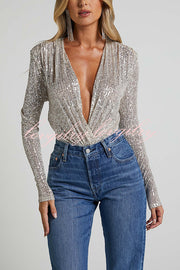 Alora Sequin Wrap Front Plunge Neck Long Sleeve Bodysuit