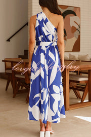 Unique Print Sleeveless One Shoulder Belted Maxi Dress