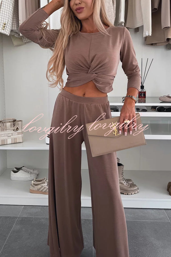 Solid Color Round Neck Long Sleeve Twist Crop Top and Elastic Waist Pocket Wide Leg Pants Set